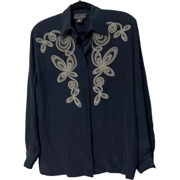 Suzelle 1980's Made in Hong Kong Blue Silk Western look Embroidered Blouse 10 - Picture 1 of 4
